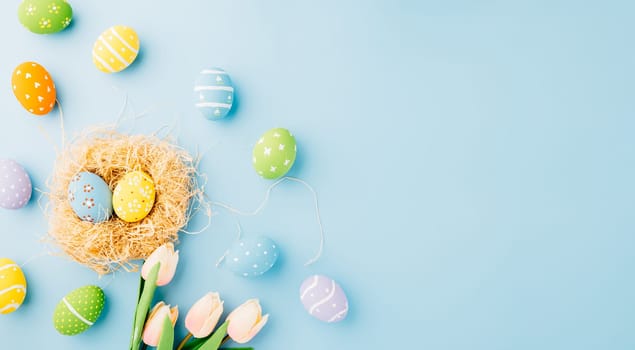 Top view holiday banner background web design white easter eggs in brown nest on white cement background with empty copy space, celebration greeting card, overhead, template, Happy Easter Day Concept