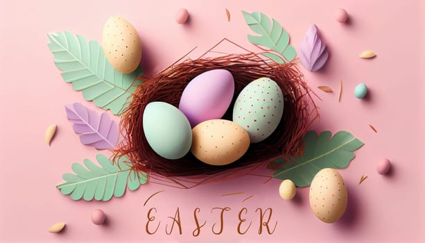 Happy Easter Day Concept. Top view easter eggs isolated on white background with copy space for text, template header for website, AI Generative