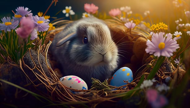 Happy Easter Day Concept. Easter eggs and rabbit bunny in basket on green grass garden and sunny spring, template banner for website, AI Generative