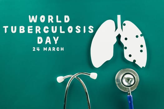 World TB Day. Lungs paper cutting symbol and medical stethoscope on green background, copy space, lung cancer awareness, concept of world tuberculosis day, banner background, respiratory diseases