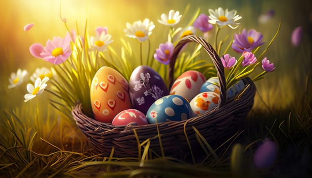 Happy Easter Day Concept. Easter eggs in basket on green grass garden and sunny spring, template banner for website, AI Generative