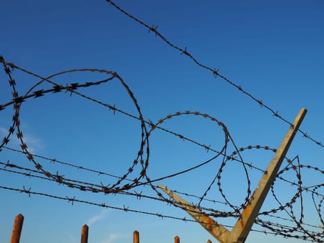 Barbed wire in skeins and stretched against the blue sky. Barbed wire against thieves and vandals. An insurmountable obstacle. Rusty wire, rows, spiral and coils of barbed wire