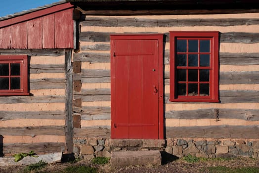 Closeup of exterior of Pennsylvania historic log cabin. Excellent texture and architectural detail and features.