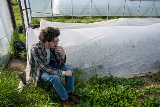A handsome caucasian young farmer in plaid shirt sits inside an organic vegetable garden greenhouse beside white garden fabric row hoop covers. Farmer is contemplating off center in natural light with copy space.