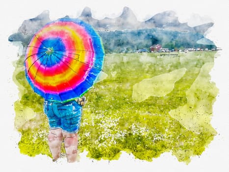 Outdoor rural view of a solitary person heading to a distant festival with an ope pride umbrella in the bright sunshine. Off center subject and copy space. Digital watercolor art with soft colors and a positive emotion feel.