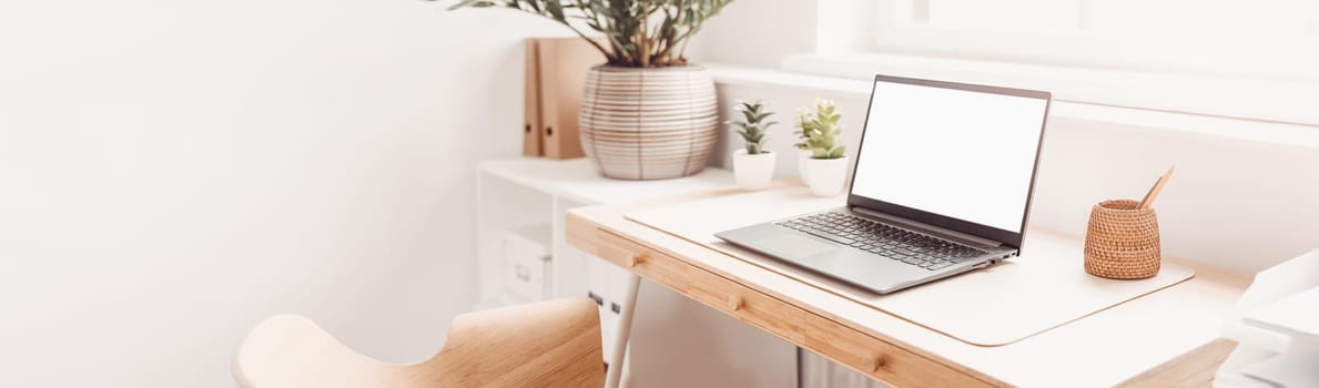 Panoramic view of the office workplace in modern style. Concept of workspace.