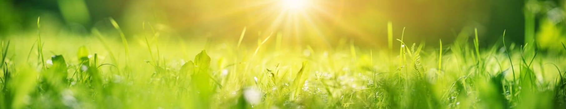 Panoramic closeup view of the fresh green grass in nature. Concept of the wallpapre and background.