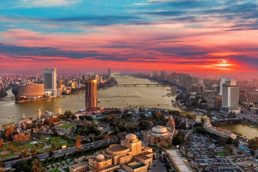 Cairo downtown, Gezira island and the Nile river, aerial view from the Tower, Egypt.