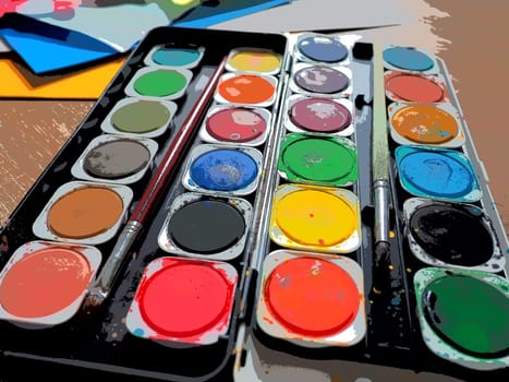 A set of watercolors of different colors for drawing. Multicolored round containers with bright paint. Tools for the lesson of drawing and labor. Colored paper. Red, blue, yellow, green colors