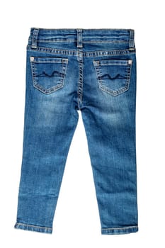 Girls jeans isolated. Elegant trendy stylish female blue jeans trousers isolated on a white background. Clipping path. Fashionable denim pants for kids. Back view.