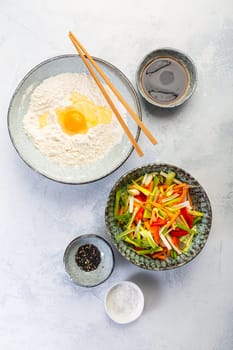 Ingredients for vegetable pancake (Yachaejeon), Pajeon or Korean pancake, Korean pizza - Asian food style