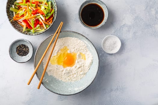 Ingredients for vegetable pancake (Yachaejeon), Pajeon or Korean pancake, Korean pizza - Asian food style