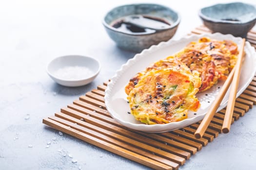 Korean vegetable pancakes with dipping sauce, Korean pizza - Asian food style