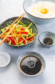 Ingredients for vegetable pancake (Yachaejeon), Pajeon or Korean pancake, Korean pizza - Asian food style