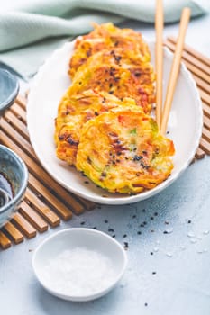 Korean vegetable pancakes with dipping sauce, Korean pizza - Asian food style