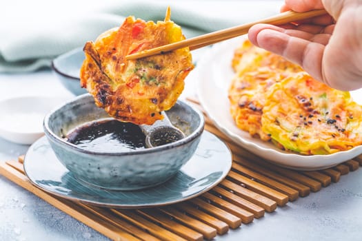Korean vegetable pancakes with dipping sauce, Korean pizza - Asian food style
