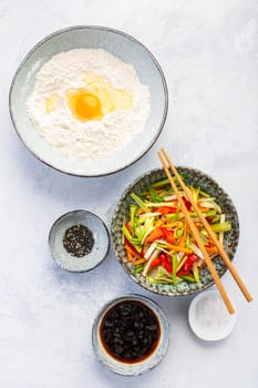 Ingredients for vegetable pancake (Yachaejeon), Pajeon or Korean pancake, Korean pizza - Asian food style