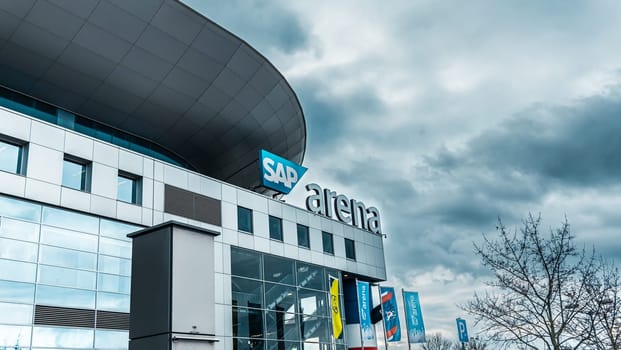 Building and Logo of SAP Arena, multi-purpose arena for sport events and concerts, one of the most high-tech in Europe