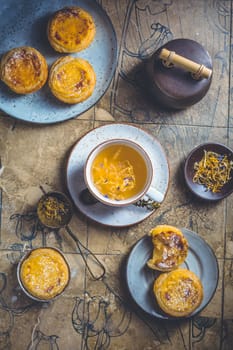 Pastel de nata with cup of herbal tea, Portugal sweet egg and pudding pastry