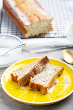 Lemon poppy cake with sugar sweet icing, lemon pound cake loaf