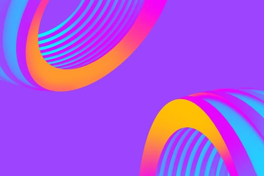 Abstract geometric background with vibrant 3D curved structures in neon pink, yellow, and blue on a purple backdrop. Modern digital artwork featuring circular shapes and futuristic design.