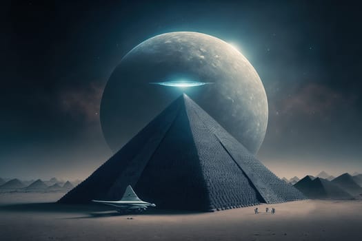 Unknown planet. Alien spacecraft landed near pyramid. Created with Generative AI technology.
