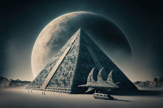 Unknown planet. Alien spacecraft landed near pyramid. Created with Generative AI technology.