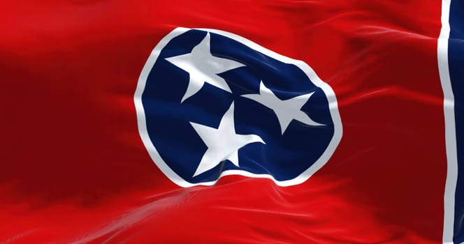 Close-up of the Tennessee state flag waving. Red field with a blue circle holding 3 white stars outlined in white. Blue strip on the fly. 3d illustration render. Close-up. Textured background