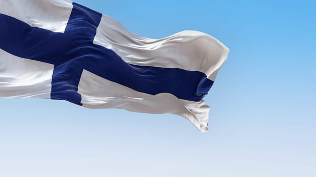 The national flag of Finland waving in the wind on a clear day. Blue Nordic cross on white background. Scandinavian country. 3D illustration render. Rippled textile.