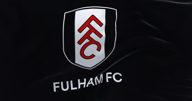 London, UK, jan 2023: flag of Fulham Football Club waving. Professional Football club based in London. English Premier League. Fluttering fabric. Illustrative editorial 3d illustration render