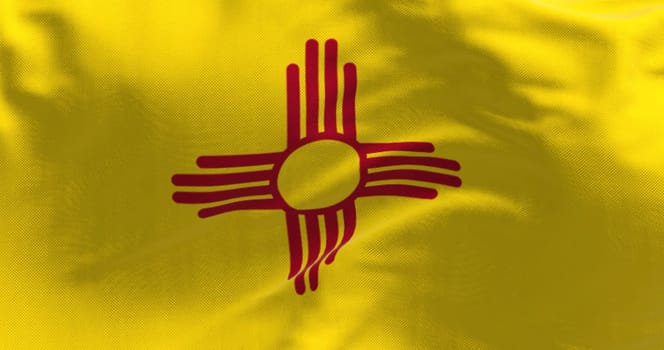 Close-up of the New Mexico state flag waving. US state flag. Yellow field with a red Zia sun symbol in the center. 3d illustration render. Close-up. Textured background