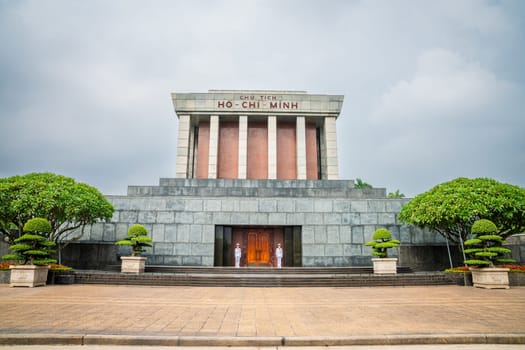 Hanoi, Vietnam, November 13, 2022: Guards stand at attention at the Ho Chi Minh mausoleum entrance in Hanoi, Vietnam