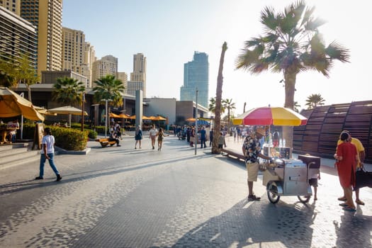 Dubai, UAE, February 23, 2018: Jumeirah Beach Residence (JBR) Walk - a polular destination for food, shopping and entertainment