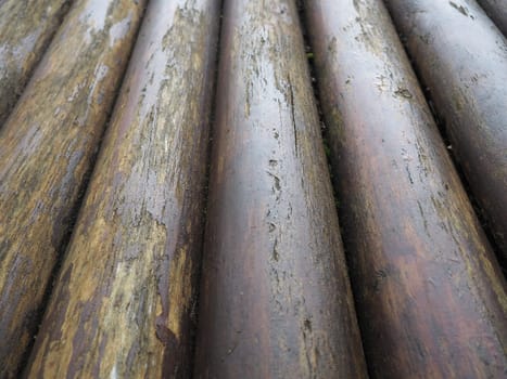 A construction log for use in construction without longitudinal sawing. Round timber assortment. Fragment of the construction of rounded wooden logs. The effect of moisture on wood