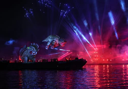 Cracow, Poland - June 4, 2022: Great Dragon Parade. The Great Outdoor Show on the Vistula River.
