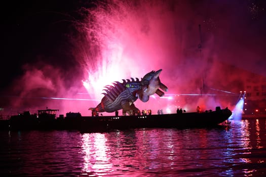 Cracow, Poland - June 4, 2022: Great Dragon Parade. The Great Outdoor Show on the Vistula River.