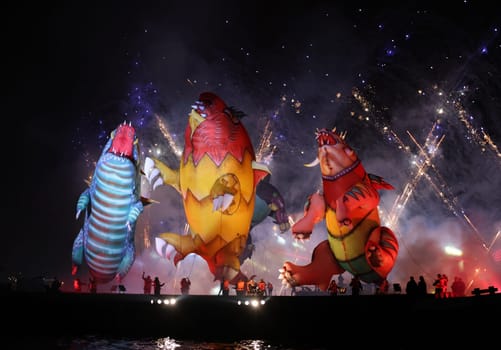 Cracow, Poland - June 4, 2022: Great Dragon Parade. The Great Outdoor Show on the Vistula River.