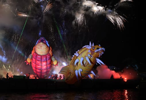 Cracow, Poland - June 4, 2022: Great Dragon Parade. The Great Outdoor Show on the Vistula River.