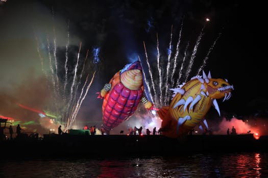 Cracow, Poland - June 4, 2022: Great Dragon Parade. The Great Outdoor Show on the Vistula River.