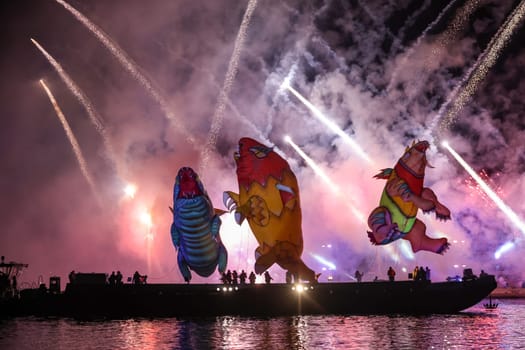 Cracow, Poland - June 4, 2022: Great Dragon Parade. The Great Outdoor Show on the Vistula River.