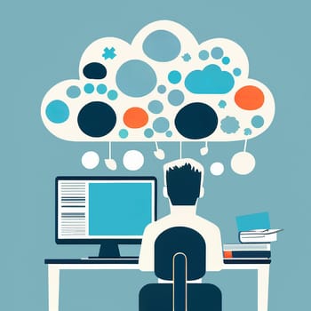 Man sitting on a desk with a computer and a social media cloud , cyberspace technology, workspace with businessman, generative AI
