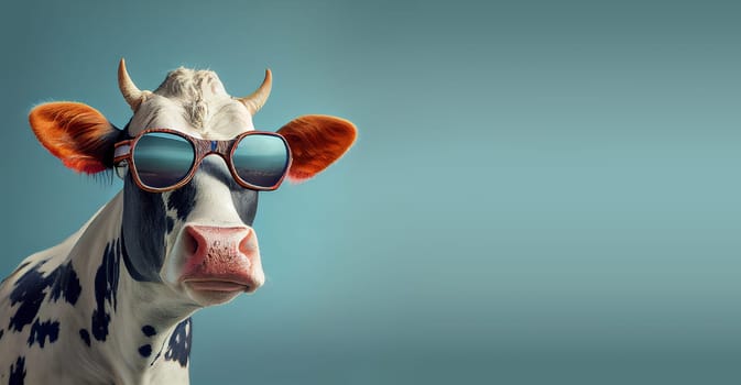 Cow wearing sunglasses in front of a blue background, surreal animal portrait, generative AI