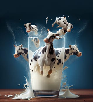 Herd of cow jumping from a glass of milk, milky splash, animal welfare in industry, dairy product, generative AI