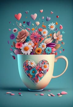 Cup with flowers and hearts, creative positive thinking, self care, hope and support concept, generative AI