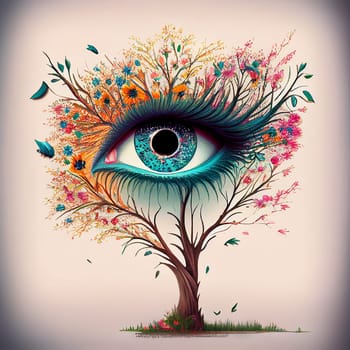 Eye in the tree with flowers, positive vision and attitude, personal development and growth, generative AI