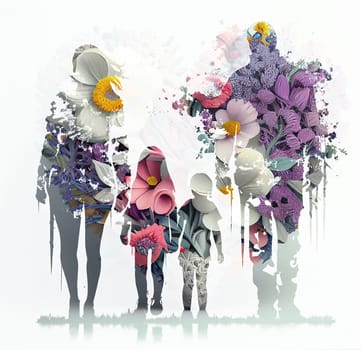 Family life, mother, father and children with flowers, social support, mental health and lifestyle concept, parent day, generative AI