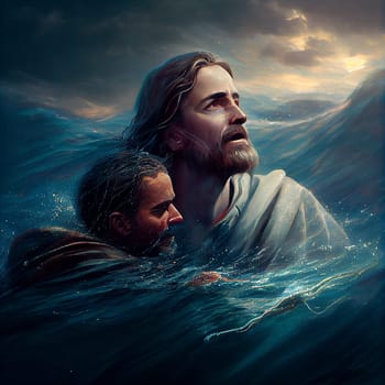 Jesus saves Peter who sinks, walking on water, Sea of Galilee, miracle of the bible, christianity and religion belief, generative AI