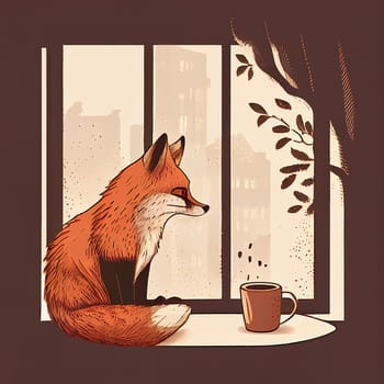 Fox sitting next to the window and is drinking a cup of coffee, generative AI