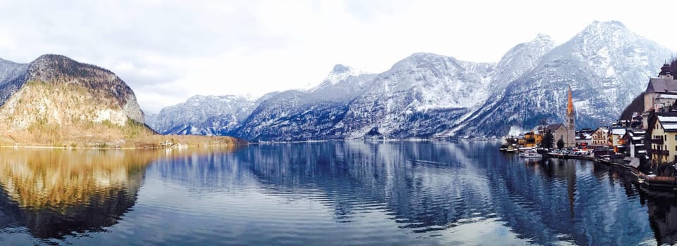 panorama of Hallstatt lake and snow mountain in Hallstatt, Austria