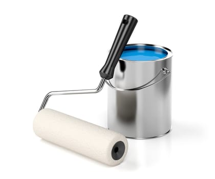Paint roller and blue paint on shiny white background